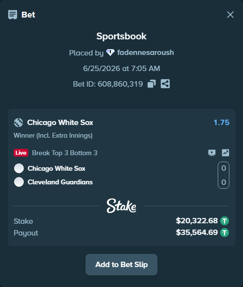 Bet slip: Chicago White Sox - Cleveland Guardians, $20,343.00 stake at 1.75 odds, placed by fadennesaroush