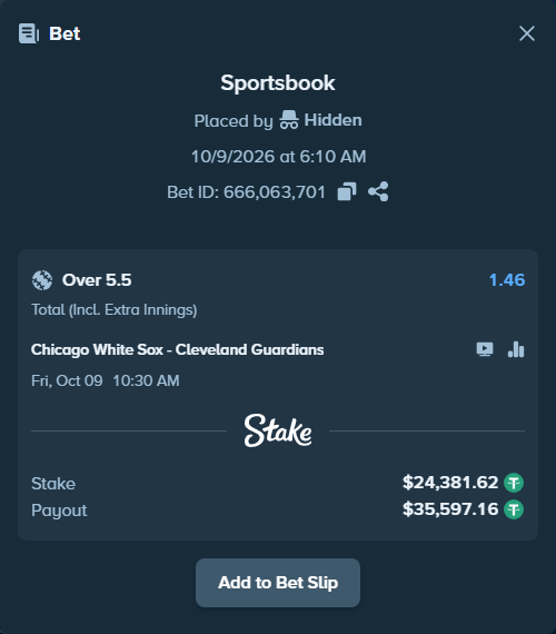 Bet slip: Chicago White Sox - Cleveland Guardians, $24,406.00 stake at 1.46 odds, placed by luckysevenfr