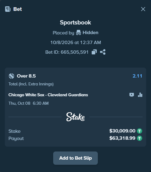 Bet slip: Chicago White Sox - Cleveland Guardians, $30,000.00 stake at 2.11 odds, placed by artur58500