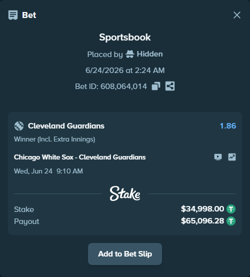 Bet slip: Chicago White Sox - Cleveland Guardians, $35,033.00 stake at 1.86 odds, placed by Hidden