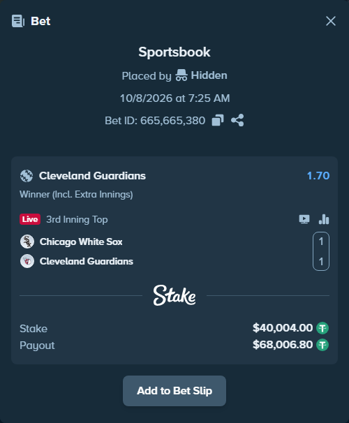 Bet slip: Chicago White Sox - Cleveland Guardians, $40,000.00 stake at 1.70 odds, placed by piropiro12