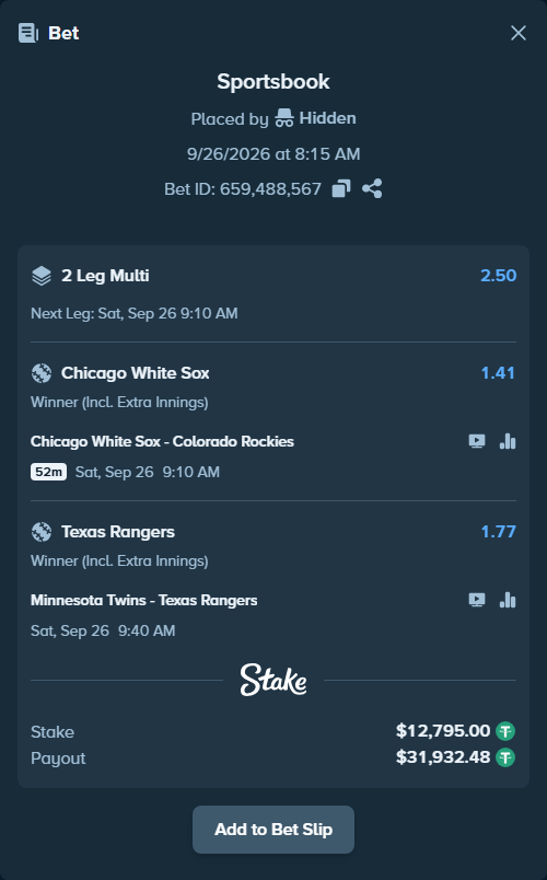 Bet slip: Chicago White Sox - Colorado Rockies, $12,795.00 stake at 1.41 odds, placed by Hidden