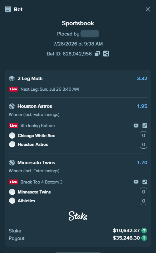 Bet slip: Chicago White Sox - Houston Astros, $10,643.00 stake at 1.95 odds, placed by VadimKotlyar