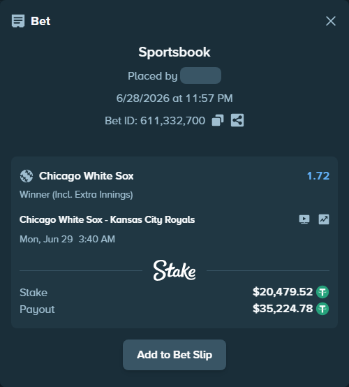 Bet slip: Chicago White Sox - Kansas City Royals, $20,500.00 stake at 1.72 odds, placed by fadennesaroush