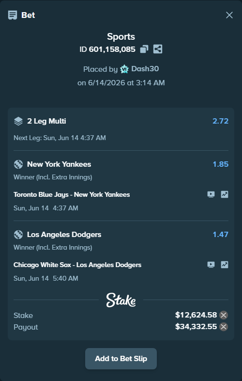 Bet slip: Chicago White Sox - Los Angeles Dodgers, $12,649.77 stake at 1.47 odds, placed by Dash30