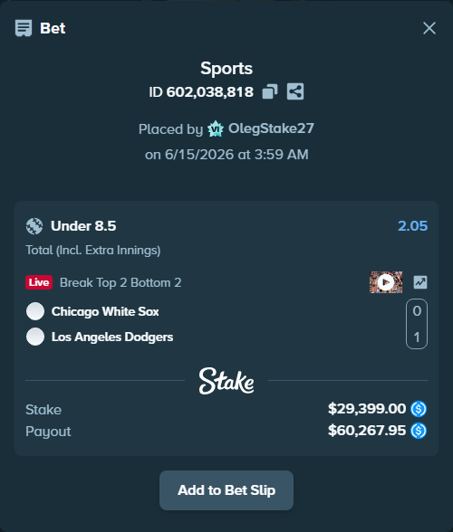 Bet slip: Chicago White Sox - Los Angeles Dodgers, $29,399.00 stake at 2.05 odds, placed by OlegStake27