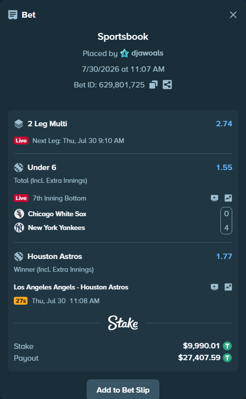 Bet slip: Chicago White Sox - New York Yankees, $10,000.00 stake at 1.55 odds, placed by djawoals