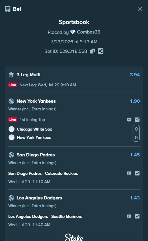 Bet slip: Chicago White Sox - New York Yankees, $10,451.00 stake at 1.90 odds, placed by Combos39
