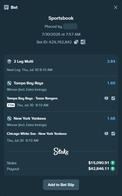 Bet slip: Chicago White Sox - New York Yankees, $15,106.00 stake at 1.68 odds, placed by VadimKotlyar