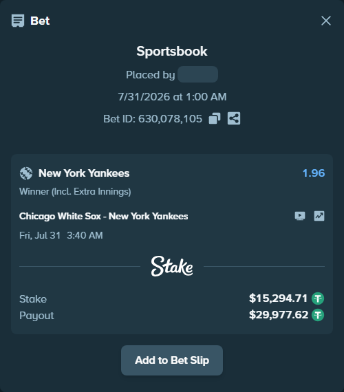 Bet slip: Chicago White Sox - New York Yankees, $15,310.00 stake at 1.96 odds, placed by VadimKotlyar