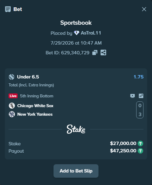 Bet slip: Chicago White Sox - New York Yankees, $27,027.00 stake at 1.75 odds, placed by AsTraL11