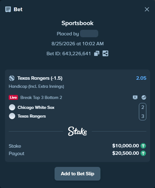 Bet slip: Chicago White Sox - Texas Rangers, $10,000.00 stake at 2.05 odds, placed by dvento