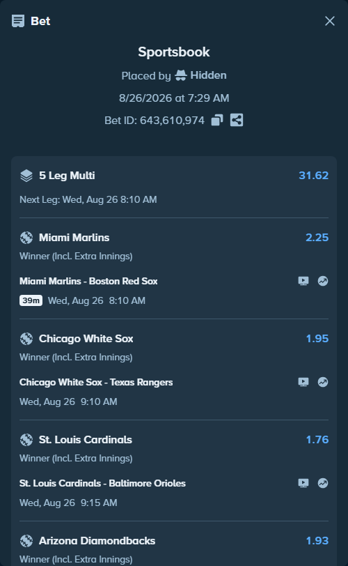 Bet slip: Chicago White Sox - Texas Rangers, $35,000.00 stake at 1.95 odds, placed by Hidden