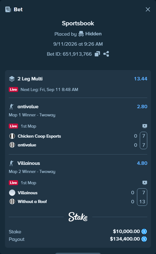 Bet slip: Chicken Coop - antivalue, $10,000.00 stake at 2.80 odds, placed by Hidden