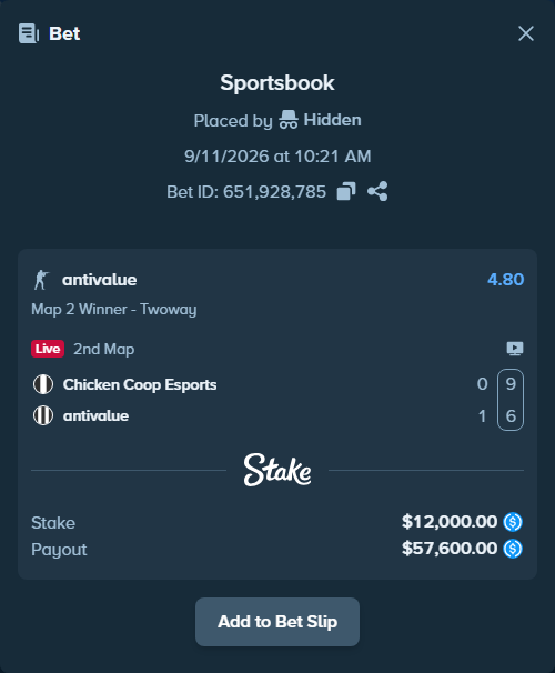 Bet slip: Chicken Coop - antivalue, $12,000.00 stake at 4.80 odds, placed by Hidden