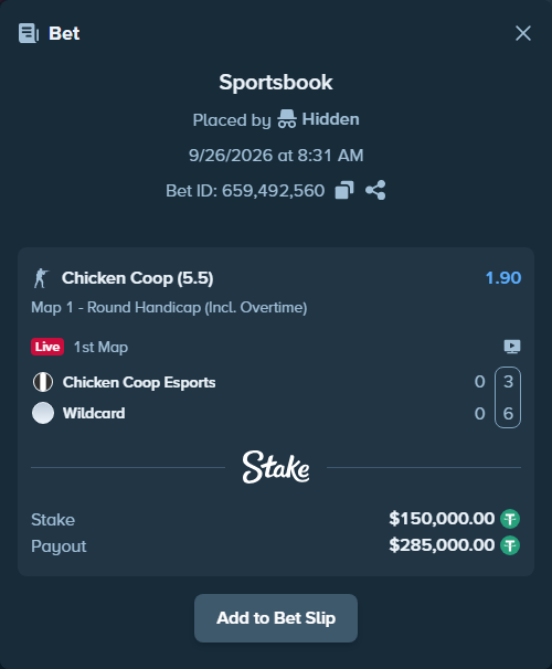 Bet slip: Chicken Coop - Wildcard, $150,000.00 stake at 1.90 odds, placed by Hidden