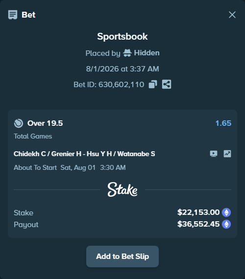 Bet slip: Chidekh C / Grenier H - Hsu Y H / Watanabe S, $22,476.39 stake at 1.65 odds, placed by Hidden