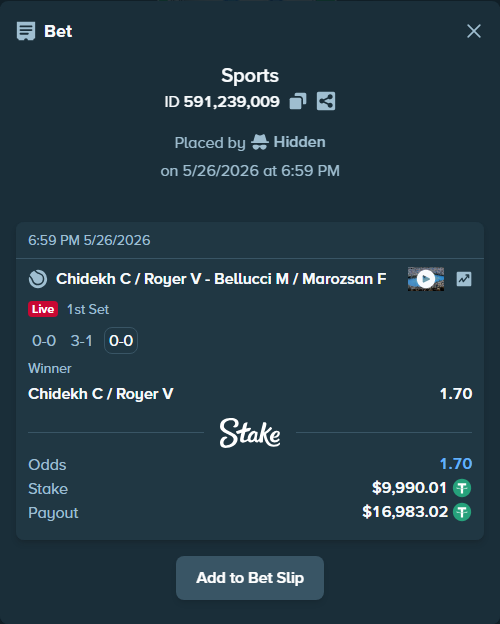 Bet slip: Chidekh C / Royer V - Bellucci M / Marozsan F, $10,000.00 stake at 1.70 odds, placed by Hidden