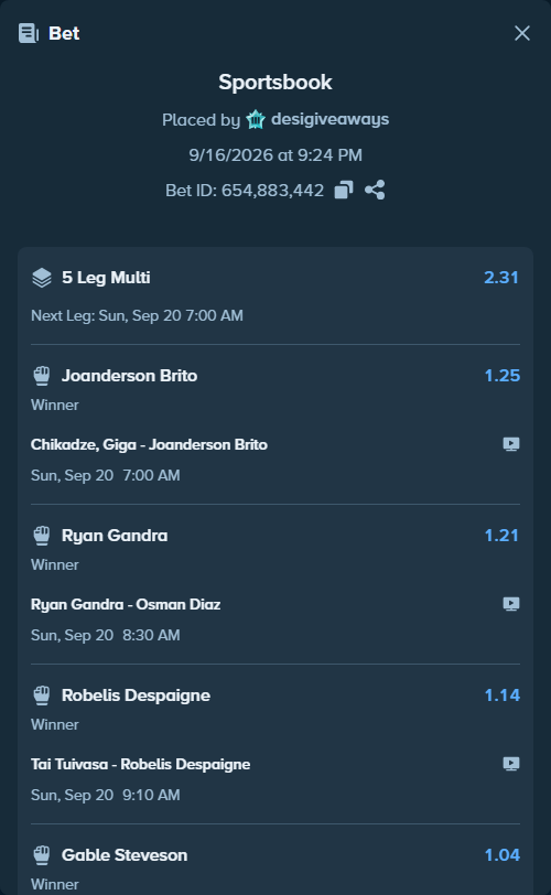 Bet slip: Chikadze, Giga - Joanderson Brito, $54,040.67 stake at 1.25 odds, placed by desigiveaways