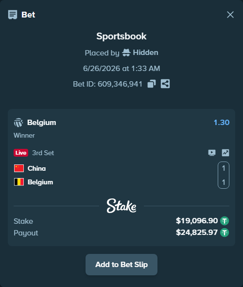 Bet slip: China - Belgium, $19,116.00 stake at 1.30 odds, placed by Hidden
