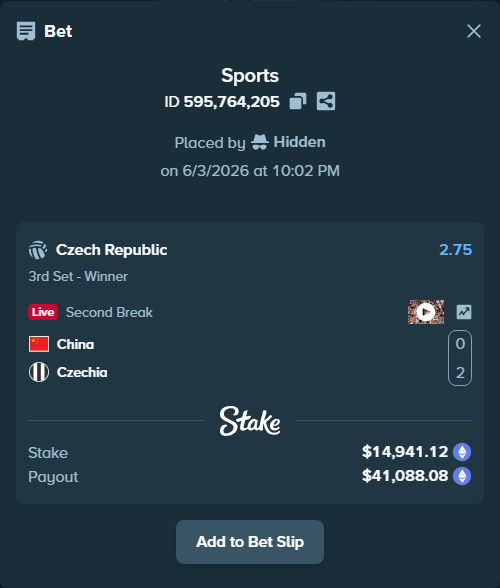 Bet slip: China - Czechia, $13,863.29 stake at 2.75 odds, placed by Hidden