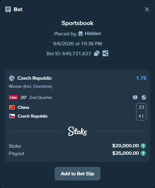 Bet slip: China - Czechia, $20,000.00 stake at 1.75 odds, placed by Hidden