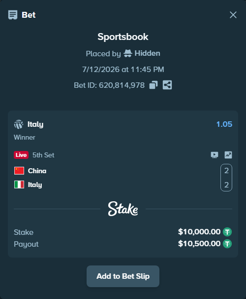 Bet slip: China - Italy, $10,010.00 stake at 1.05 odds, placed by Hidden