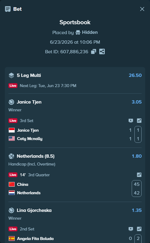 Bet slip: China - Netherlands, $10,000.00 stake at 1.80 odds, placed by Hidden