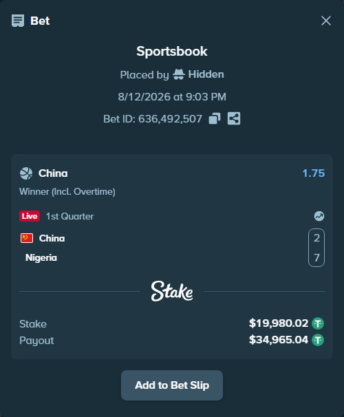 Bet slip: China - Nigeria, $20,000.00 stake at 1.75 odds, placed by Hidden