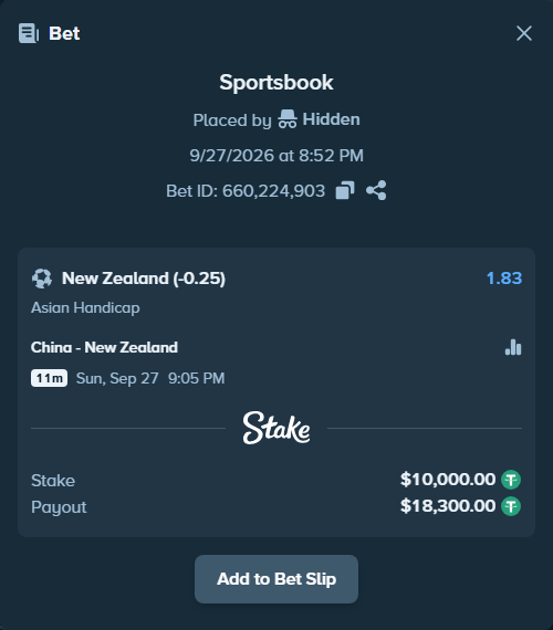 Bet slip: China PR - New Zealand, $10,000.00 stake at 1.83 odds, placed by Hidden
