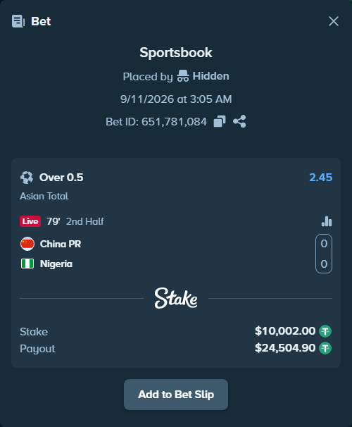Bet slip: China PR - Nigeria, $10,000.00 stake at 2.45 odds, placed by Hidden