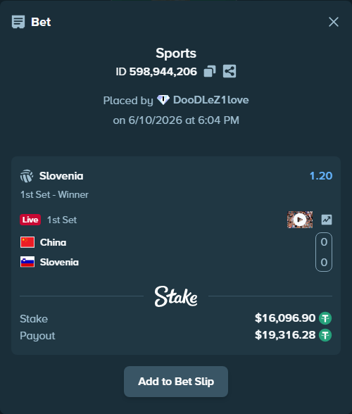 Bet slip: China - Slovenia, $16,113.00 stake at 1.20 odds, placed by DooDLeZ1love