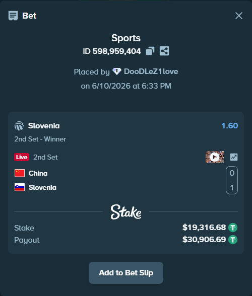 Bet slip: China - Slovenia, $19,336.00 stake at 1.60 odds, placed by DooDLeZ1love