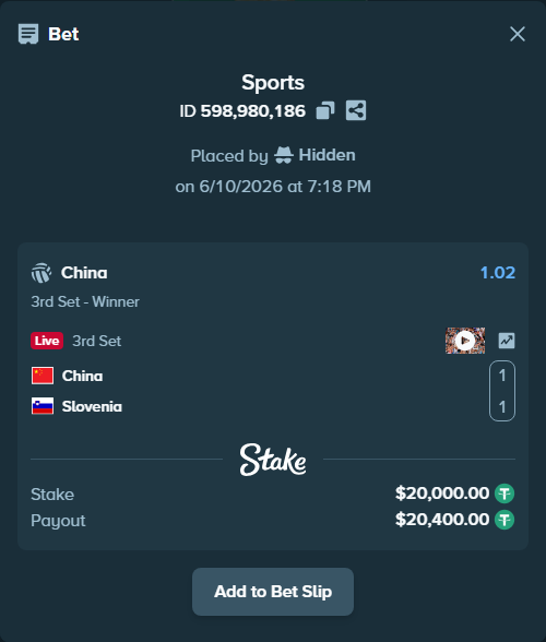 Bet slip: China - Slovenia, $20,020.00 stake at 1.02 odds, placed by Hidden