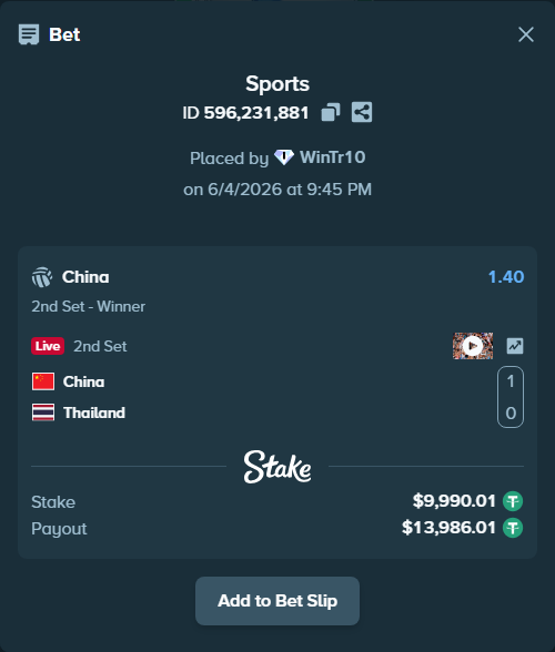 Bet slip: China - Thailand, $10,000.00 stake at 1.40 odds, placed by WinTr10
