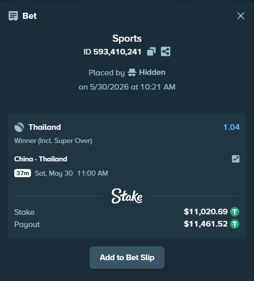 Bet slip: China - Thailand, $11,031.71 stake at 1.04 odds, placed by Hidden