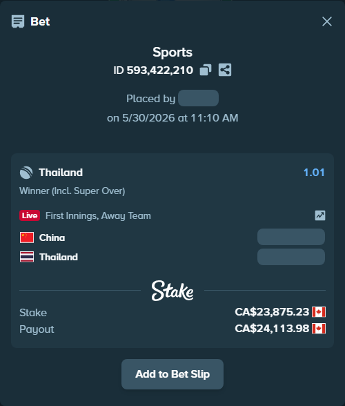Bet slip: China - Thailand, $17,667.67 stake at 1.01 odds, placed by Chinujaatjind