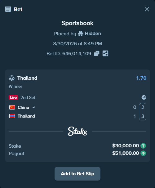 Bet slip: China - Thailand, $30,000.00 stake at 1.70 odds, placed by Hidden