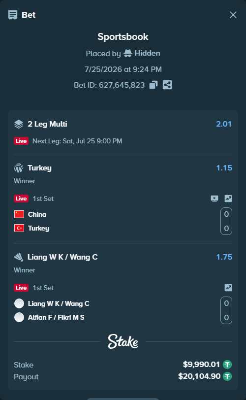 Bet slip: China - Turkiye, $10,000.00 stake at 1.15 odds, placed by Hidden