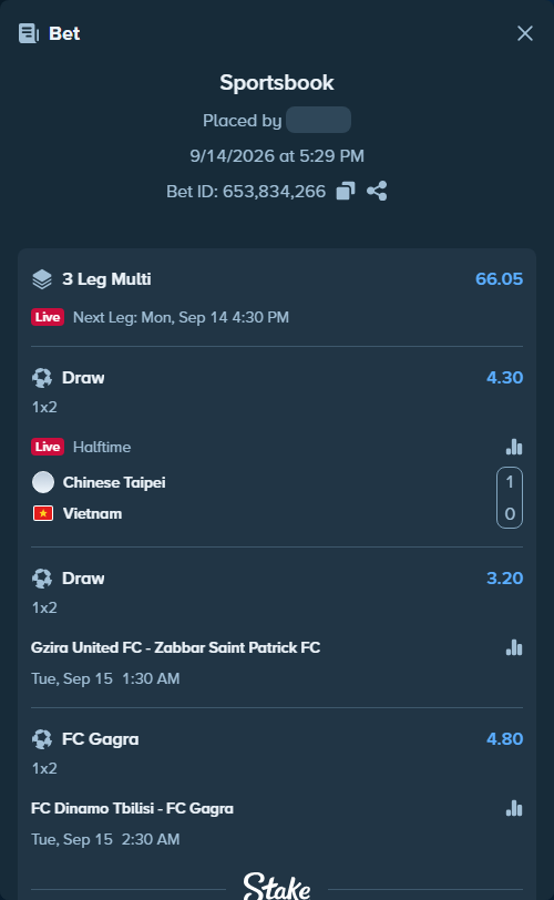 Bet slip: Chinese Taipei - Vietnam, $15,351.19 stake at 4.30 odds, placed by kabic555