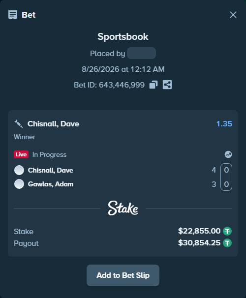 Bet slip: Chisnall, Dave - Gawlas, Adam, $22,855.00 stake at 1.35 odds, placed by levsakerman11