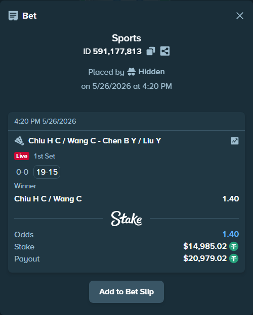 Bet slip: Chiu H C / Wang C - Chen B Y / Liu Y, $15,000.00 stake at 1.40 odds, placed by Hidden