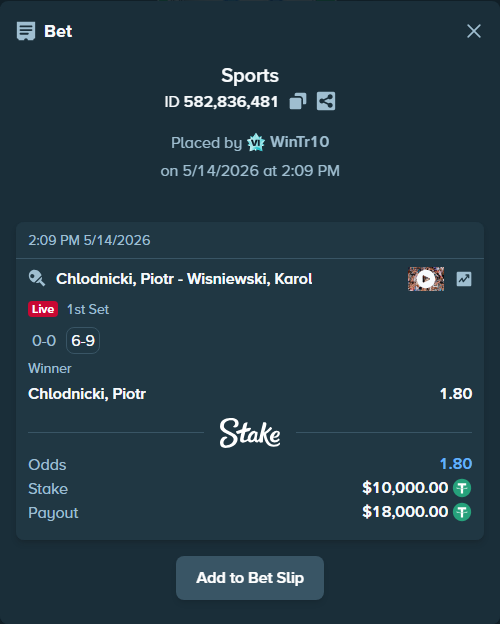Bet slip: Chlodnicki, Piotr - Wisniewski, Karol, $10,000.00 stake at 1.80 odds, placed by WinTr10