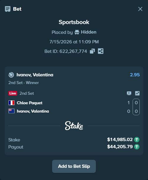 Bet slip: Chloe Paquet - Ivanov, Valentina, $15,000.00 stake at 2.95 odds, placed by Hidden