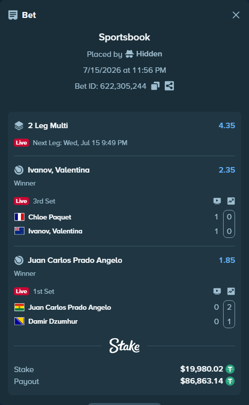 Bet slip: Chloe Paquet - Ivanov, Valentina, $20,000.00 stake at 2.35 odds, placed by Hidden