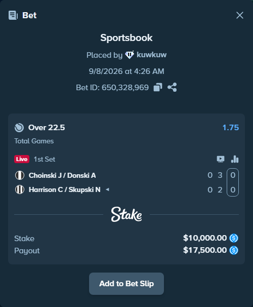 Bet slip: Choinski J / Donski A - Harrison C / Skupski N, $10,000.00 stake at 1.75 odds, placed by kuwkuw