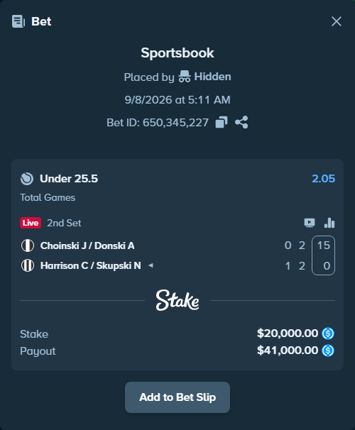 Bet slip: Choinski J / Donski A - Harrison C / Skupski N, $20,000.00 stake at 2.05 odds, placed by Hidden