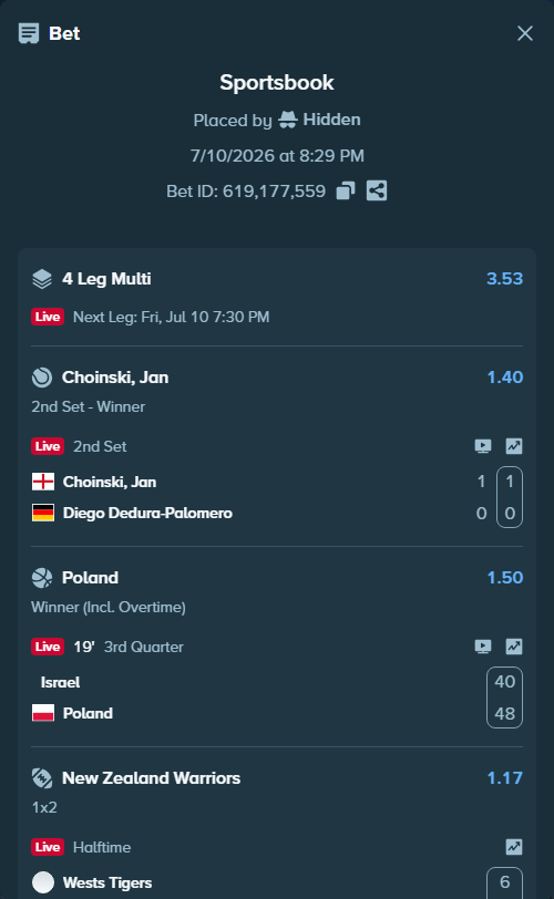 Bet slip: Choinski, Jan - Diego Dedura-Palomero, $10,009.00 stake at 1.40 odds, placed by Hidden