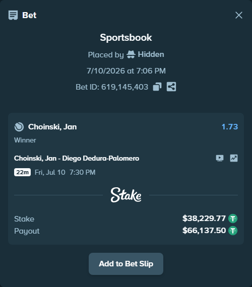 Bet slip: Choinski, Jan - Diego Dedura-Palomero, $38,268.00 stake at 1.73 odds, placed by Hidden