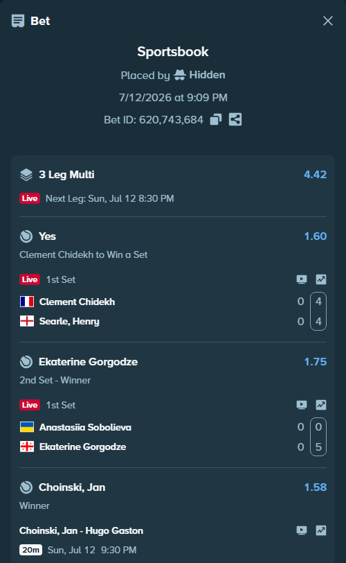 Bet slip: Choinski, Jan - Hugo Gaston, $24,000.00 stake at 1.58 odds, placed by Hidden